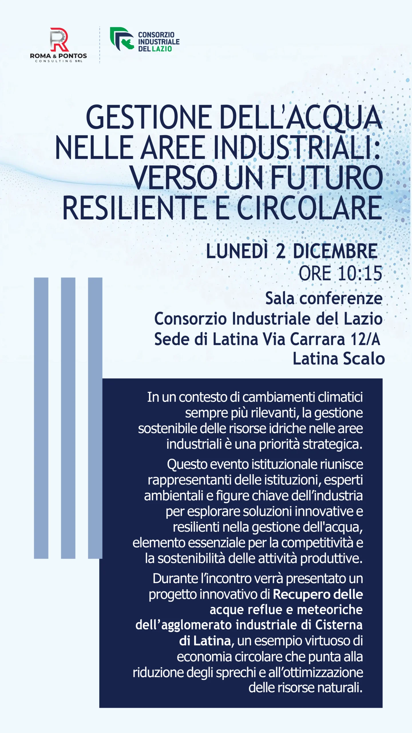 Locandina evento gestione dell' acqua nelle aree industriali